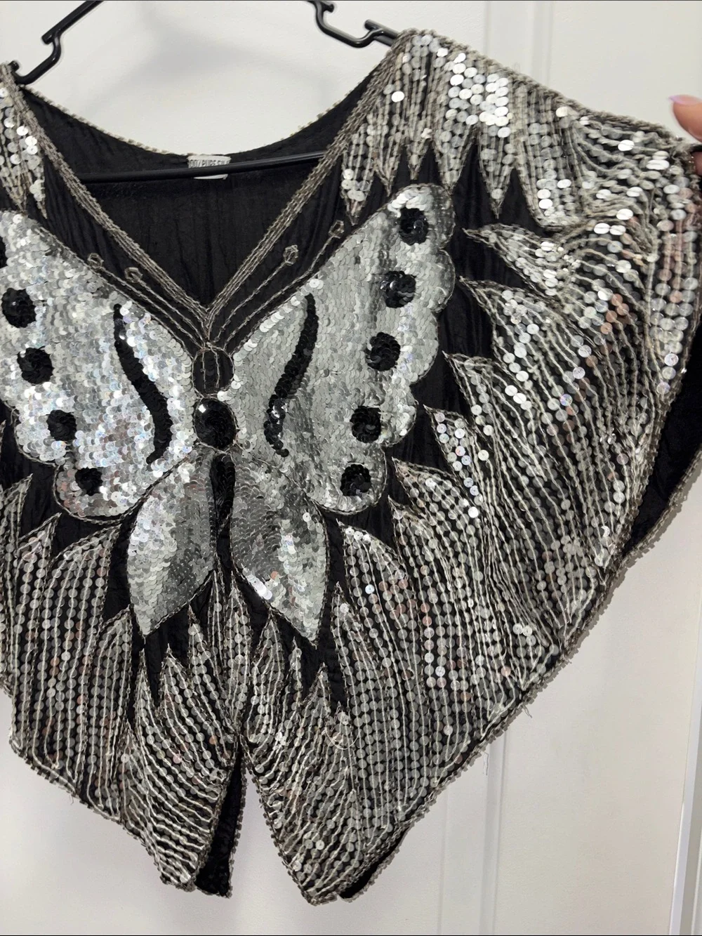 Vintage Silk Black Sheer Sequin Butterfly Poncho Top Beaded Batwing Festival